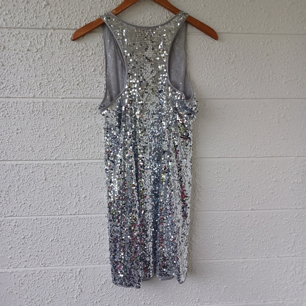 Mr Abbott Silver Sequin Silk Lined Mini Dress V-Neck Racerback L NWT $450 - Picture 3 of 11